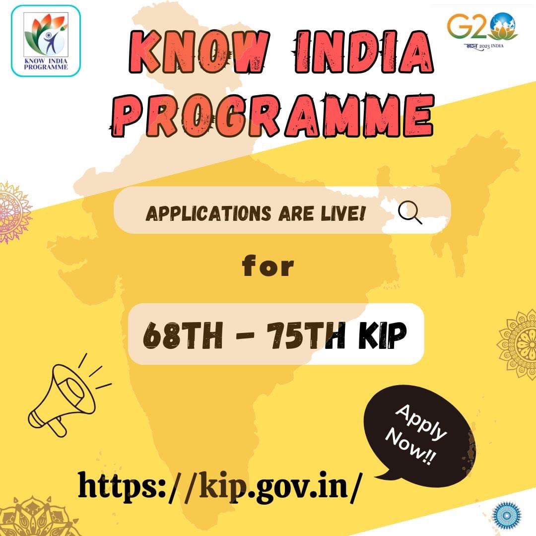 Applications for the #KnowIndiaProgramme are live now. 68th KIP will be held from 31st October to 20th November 2023 Last Date to Apply for 68th KIP is 11th October 2023✅ Visit the official website for more information kip.gov.in @DiasporaDiv_MEA @MEAIndia