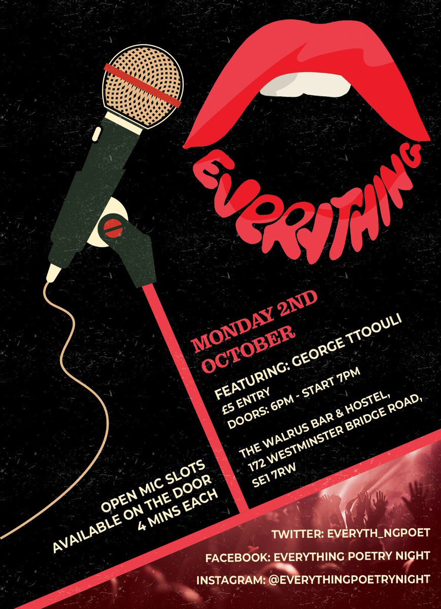 Yeah man that’s right at our next event we have 2 HEADLINERS!!!!!! Check our flyer attached for all the deeeeeeeets x

#everything #poetry #community #poetrynight #event #poets