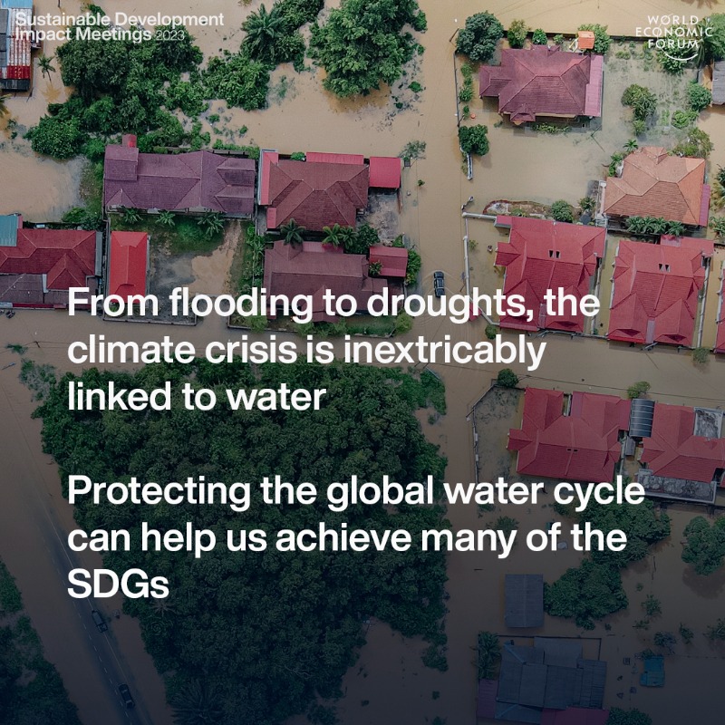 wef's tweet photo. From flooding to droughts, the climate crisis is inextricably linked to #water. Public-partnerships can unlock innovative solutions to the water crisis and create a more sustainable future for all. #SDIM23