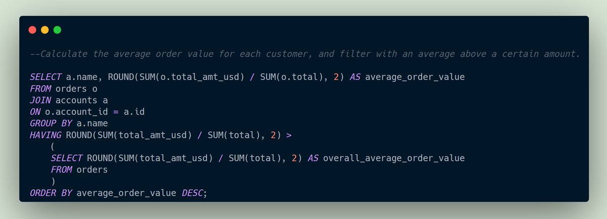 phaibooboo's tweet image. Day 18.

I generated the list of companies that have an average order rate above the overall average order rate.
This highlights the companies that have a better purchasing ability, compared to their counterparts.

#20dayswithdata #SQLHavingClause #DataAggregation