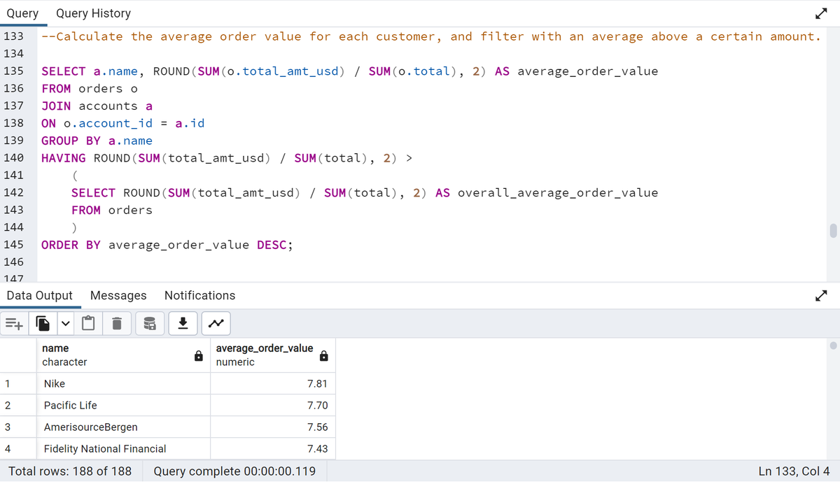 phaibooboo's tweet image. Day 18.

I generated the list of companies that have an average order rate above the overall average order rate.
This highlights the companies that have a better purchasing ability, compared to their counterparts.

#20dayswithdata #SQLHavingClause #DataAggregation