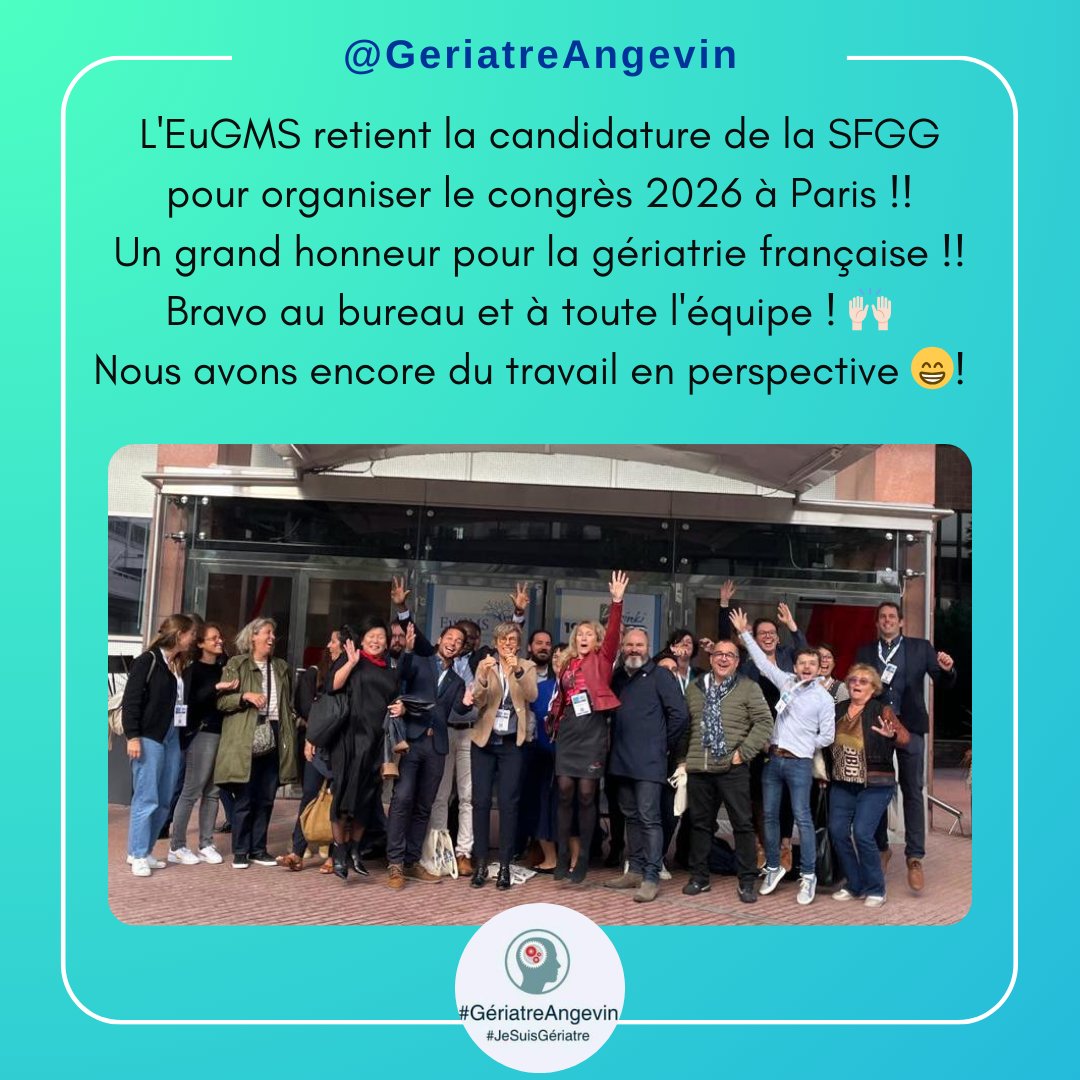 Gériatre Angevin (@geriatreangevin) on Twitter photo L'<a href="/EuGMSSociety/">EuGMS - European Geriatric Medicine Society</a> retient la candidature de @LaSFGG pour organiser le congrès 2026 à #Paris !!
Un grand honneur pour la gériatrie française !!
Bravo au bureau et à toute l'équipe ! 🙌🏻 nous avons encore du travail en perspective 😁
#HealthyAgingInTheChangingWorld L'<a href="/EuGMSSociety/">EuGMS - European Geriatric Medicine Society</a> retient la candidature de @LaSFGG pour organiser le congrès 2026 à #Paris !!
Un grand honneur pour la gériatrie française !!
Bravo au bureau et à toute l'équipe ! 🙌🏻 nous avons encore du travail en perspective 😁
#HealthyAgingInTheChangingWorld
