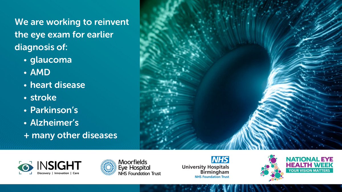 Moorfields's tweet photo. What will the eye exam of the future reveal about our health? Researchers at Moorfields and @INSIGHTeyehub are developing new #AI tools that could lead to earlier diagnosis of diseases such as #AMD #Alzheimers #Parkinsons. Discover more at https://t.co/V6RtP7S0u3

#EyeHealthWeek https://t.co/XwiHAGNcTK