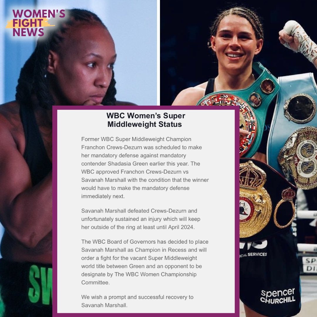 The WBC have released a statement - Unfortunately Savannah Marshall is injured & so she will be made Champion in Recess. Shadasia Green will fight for the vacant WBC Super Middleweight Title 👊

#boxing #shadasiagreen #savannahmarshall