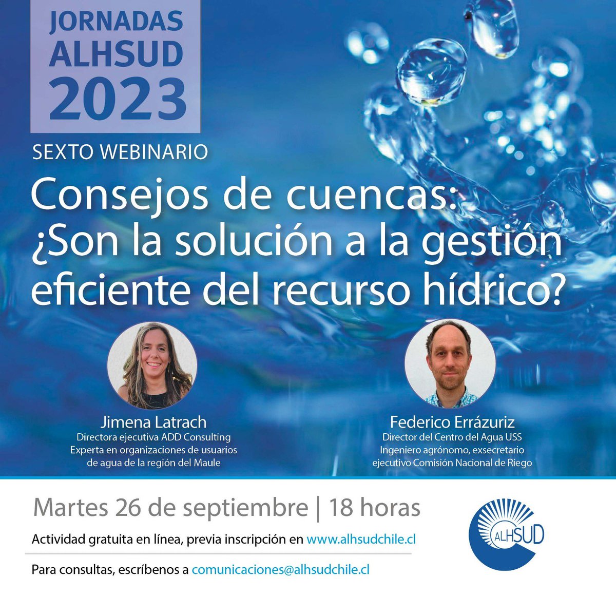 💻 Webinar💧 Consejos de cuencas: ¿son la solución a la gestión eficiente del recurso hídrico? 

🗓️ 26/09
⌚ 18 hrs
➡️ Inscripciones: bit.ly/3gnEaSc
✅ +info: n9.cl/ufg2j

🗣️Exponen:

Federico Errázuriz <a href="/fetchile/">Federico Errazuriz</a> y Jimena Latrach.