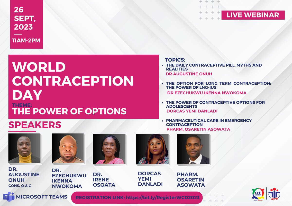 📢The 2023 World Contraception Day is near!

THEME: THE POWER OF OPTIONS
🗓️Save the Date: Tuesday, 26th September, 2023
⏲️Time: 11:00 am (WAT)
🔗Registration Link in Bio!

Don't miss this opportunity to be part of the conversation. 

#WCD2023 #fyp #informedchoices #contraception