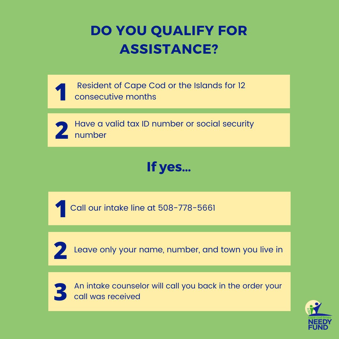 NeedyFund's tweet image. If you are experiencing a financial hardship and you are a resident of the Cape or Islands, reach out to see how we can help.  Leave a message on our intake line &amp;amp; an intake specialist will call you back to assess your need.   
#capecod #nonprofit #howtoapply #needyfundsneighbors