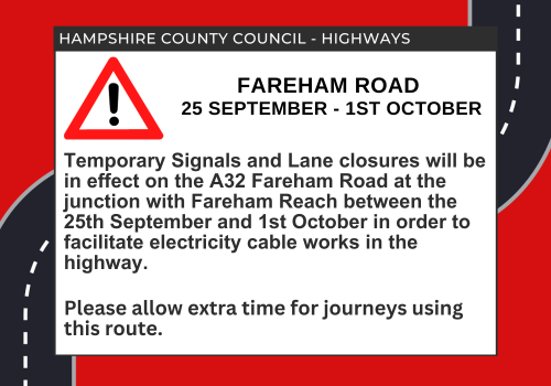 GosportCouncil's tweet image. Advanced Notice:-
Temporary Signals &amp;amp; Lane closures will be in effect on the A32 Fareham Road at the junction with Fareham Reach between the 25th Sept &amp;amp; 1st Oct in order to facilitate electricity cable works in the highway.
Please allow extra time for journeys using this route.