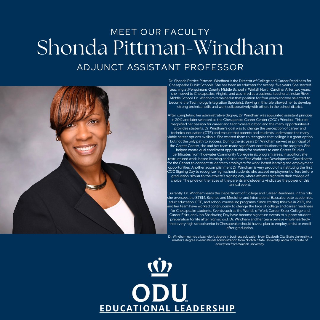 oduedlead's tweet photo. Meet @ShondaWindham, one of our amazing #MonarchLEAD instructional faculty members!
Learn more about the @ODU Ed LeadProgram: https://t.co/c8GaCLMHYt
Apps are being accepted for our MSEd, EdS, & PhD Cohorts (our next PhD Cohort launches Jan 11, 2024)! https://t.co/P9NeWdjA0L