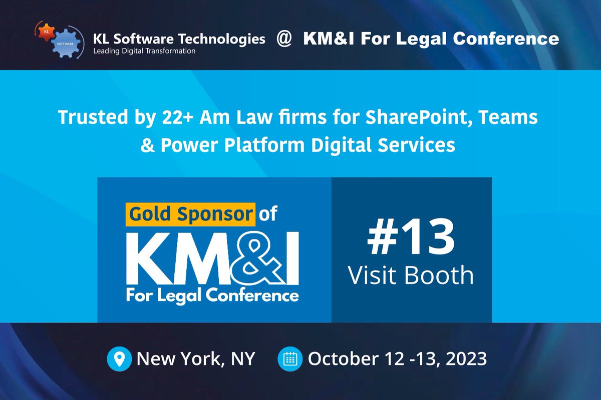 KL Software Technologies Inc
Excited to be Gold Sponsor of KM&amp;I For Legal Conference in New York
klstinc.com/kmi-legal-conf…
#KMI2023 #legal #legalconference #knowledgemanagement #legalevent