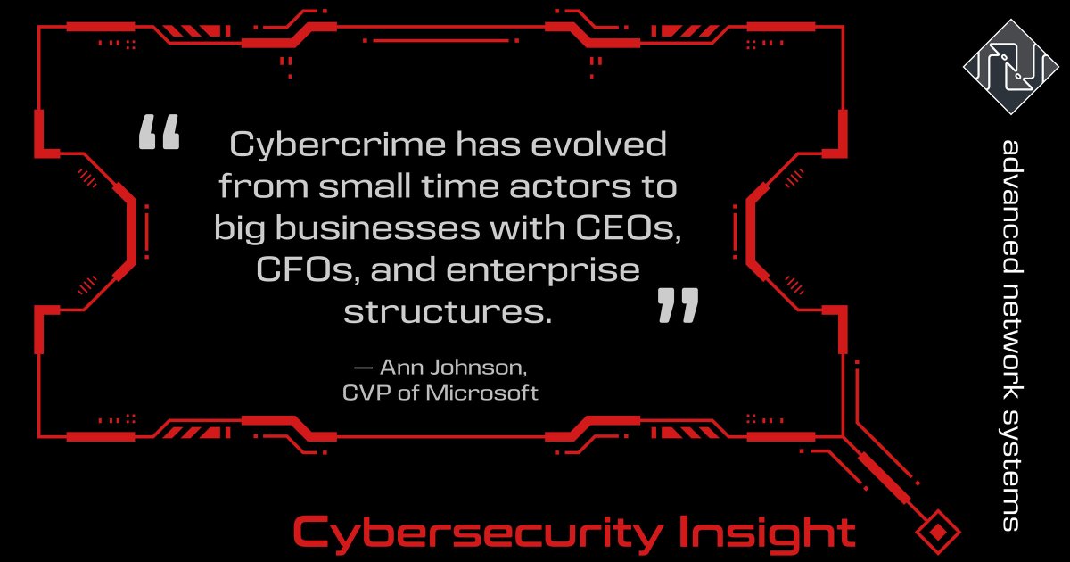 "Cybercrime has evolved from small time actors to big businesses with CEOs, CFOs, and enterprise structures."\n- Ann Johnson, CVP, Microsoft\n#cybersecurity #quoted #QuoteOfTheDay