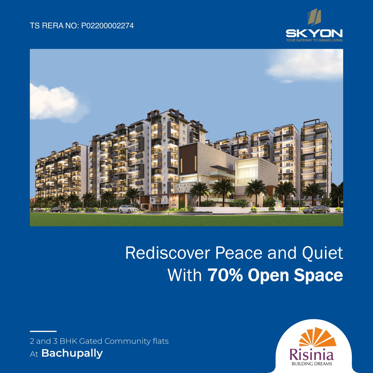 This paradise on earth comes with 70% open space for you to indulge your spare time enjoying the vast open that surrounds you.
.
#risinia #risiniabuilders #risiniaskyon #2bhkflats #3bhkflats #openspace #spaciousflats #spaciousapartments #luxuryliving #ExclusiveProperties