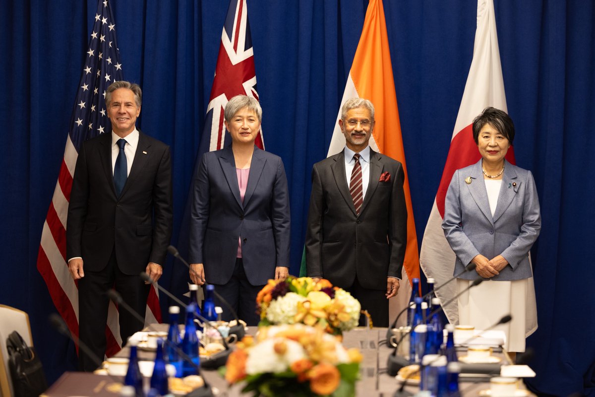 Good to join my fellow Quad foreign ministers from Australia, India, and Japan on the sidelines of #UNGA78. The Quad is vital to our shared vision for a #FreeAndOpenIndoPacific, and together we reaffirmed our commitment to uphold the purposes and principles of the <a href="/UN/">United Nations</a> Charter.