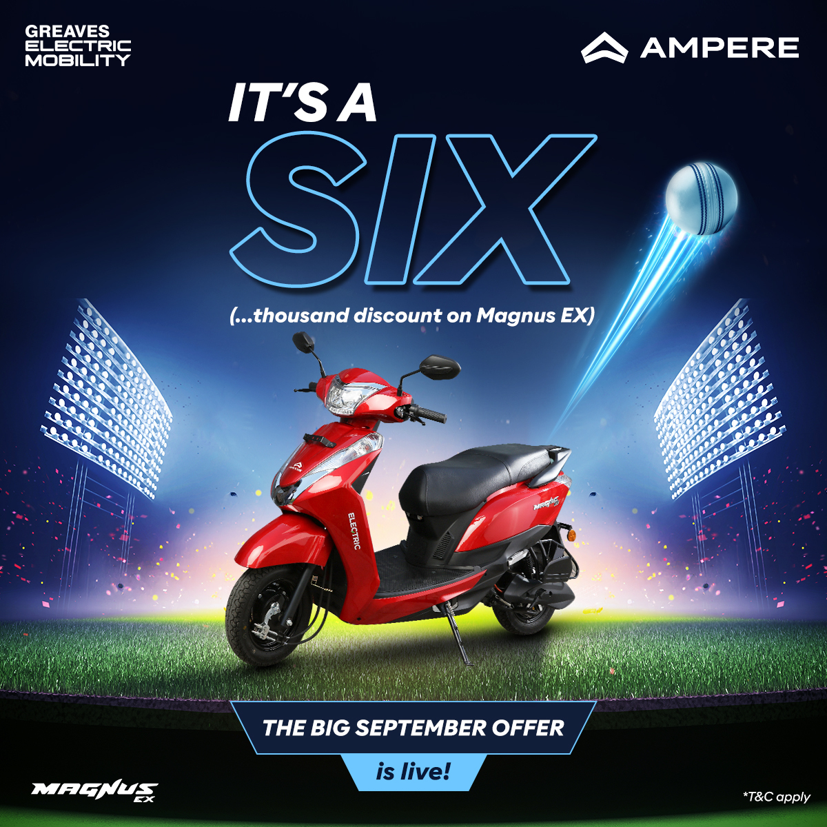 ampere_ev's tweet photo. HOWZATT for an electrifying offer? ⚡
With exciting cricket matches like #IndVsAus happening, and the Big September Offer with Ampere, it's certainly a month to remember. This September, it's time to #TakeCharge and claim some big discounts - get flat 6,000 off on #MagnusEX & flat 10,000 off on #Primus!
Visit your nearest Ampere dealership today, and get assured cashback* and up to 100% financing from leading banks. See you soon.
#AmpereElectricScooters #AmpereTakeCharge #CWC23 #EV #Offer #ElectricScooter #HarGullyElectric #SeptemberOffer
*T&C Apply