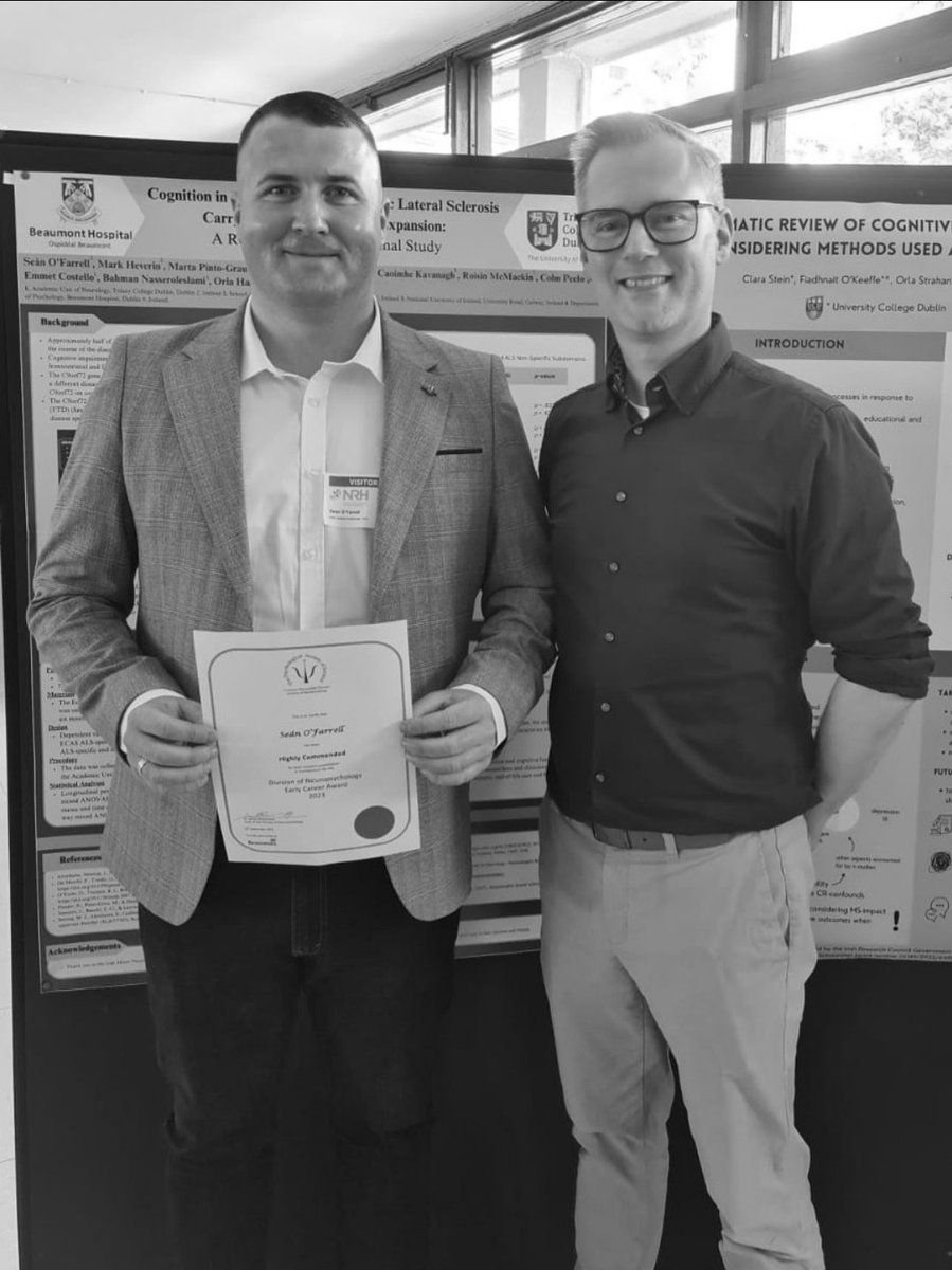 At our recent #Neuropsychology early career award,  Sean O'Farrell was commended for his poster and presentation 'Cognition in people with ALS carrying a C9orf72 repeat expansion'. Well done to Sean. We look forward to seeing what he does next.