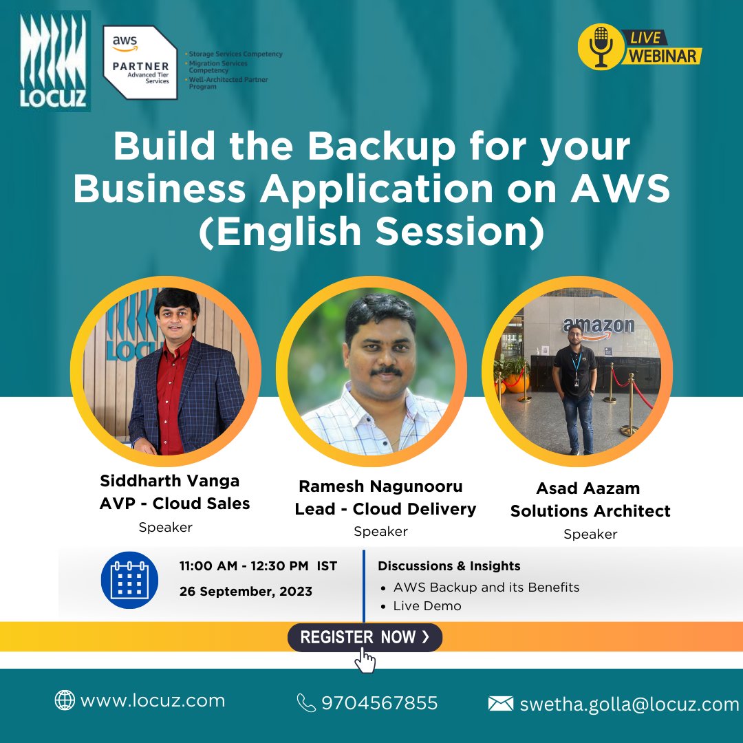 SHISolutionsIN's tweet image. Webinar Alert!! Join our experts in an upcoming webinar where you'll learn how AWS can revolutionize your backup strategy, organized by @LocuzInc & AWS.
Register Now: events.teams.microsoft.com/event/e7556eb5…
#aws #awsbackup #webinar #amazonwebservices