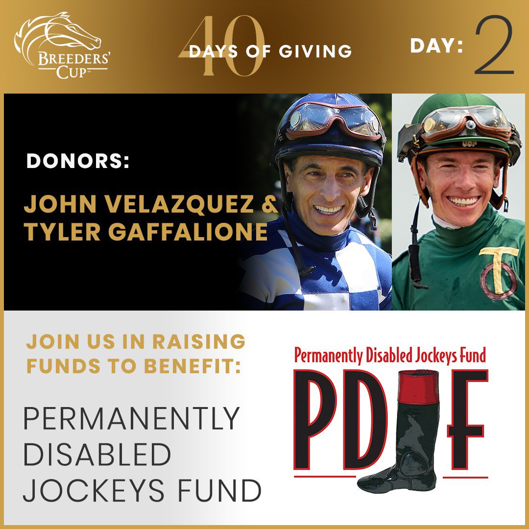 The countdown is on to the 40th Running of the @BreedersCup, and we’ve teamed up with @ljlmvel and @Tyler_Gaff to match up to $1,000 as part of #BreedersCups 40 Days of Giving!     Donate today to help us reach our goal: breederscup.com/giving
