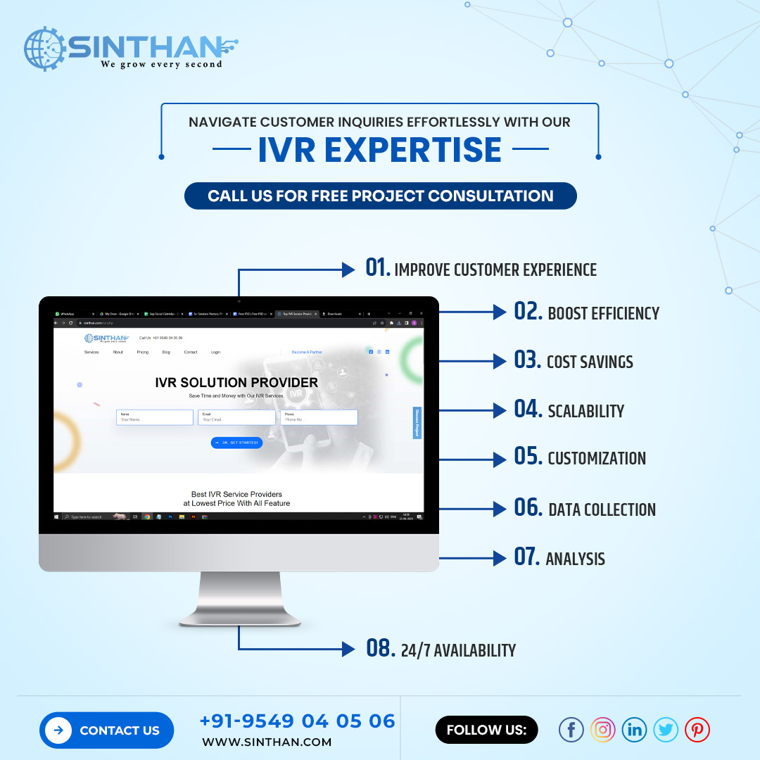 Navigate customer inquiries effortlessly with our IVR expertise. 📲🌐
Get Free IVR Demo Today : ☎ 9549040506

#sinthantechno #IVRServices #CustomerCommunication #EnhancedCustomerExperience #SeamlessCommunication #CustomerService