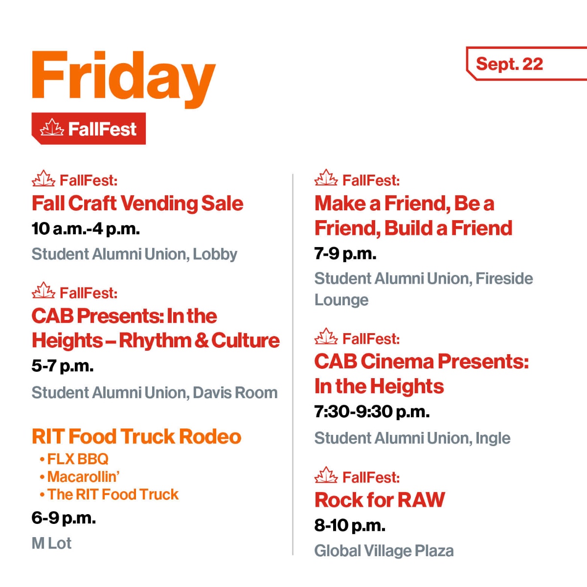 This Friday is filled with more #RITFallFest activities, be sure to swing by some events to get some good food, some music, and some fun crafts!

Learn more information at rit.edu/FallFest!