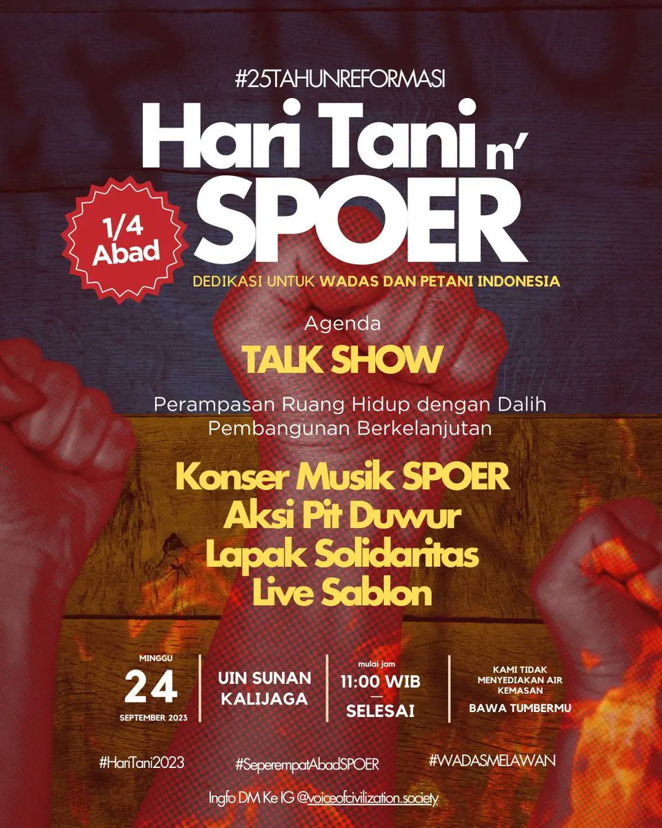 KHMDIY's tweet photo. 1/4 Abad SPOER dan 25 tahun reformasi :
Didedikasikan untuk wadas dan petani Indonesia

Hidup petani Indonesia
Menanam adalah melawan.

Menuju hari tani Indonesia 2023. Bersamaan dengan 1/4 abad SPOER dan 25 tahun Reformasi. https://t.co/9kbFsUaNVu
