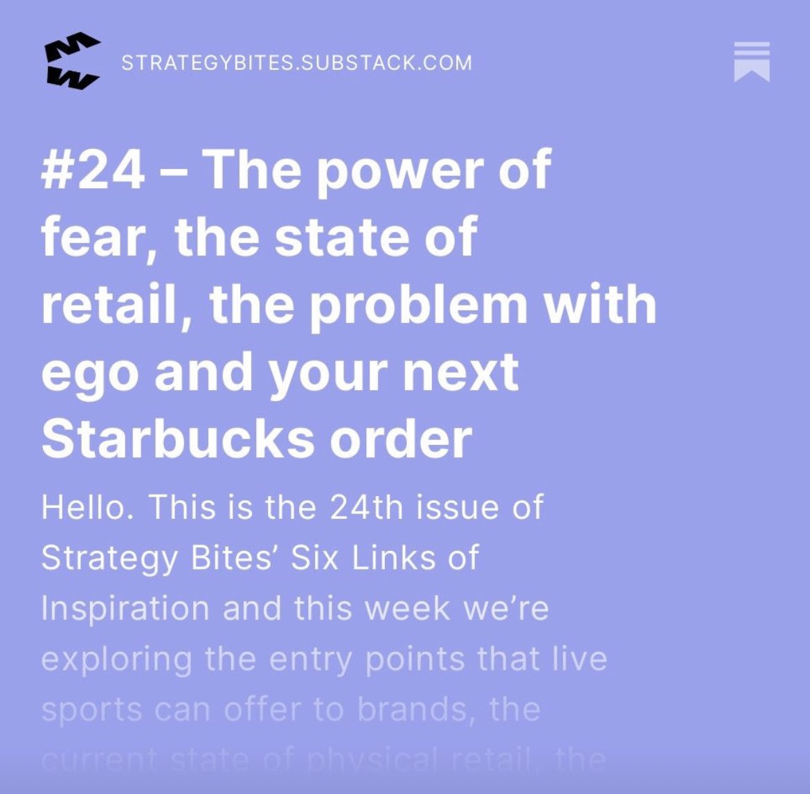 mbhw's tweet photo. Strategy Bites #24 is out and this week we’re exploring entry points live sports offer to brands, the state of physical retail, the power of fear, how to use share of search, a billion Starbucks latte combinations, and why egos don’t make us happy. https://t.co/GFHmU1Rzj3