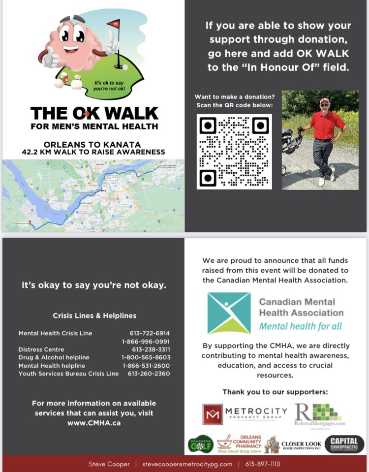 Want to give a shoutout to Steve Cooper, who is doing something unique and cool for mental health this weekend. 

He’s going to walk (with his golf cart) all way from Orleans to Kanata. 

Details for his walk here:
okwalkottawa.com