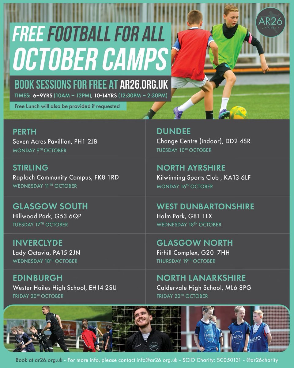 ar26charity's tweet photo. 2023 FREE October Camps Coming Soon!!

Come along and join the football fun⚽️💯

See post for details and link in bio to book!!

#octobercamp #footballforall #footballforall https://t.co/OQDPLaN8ai
