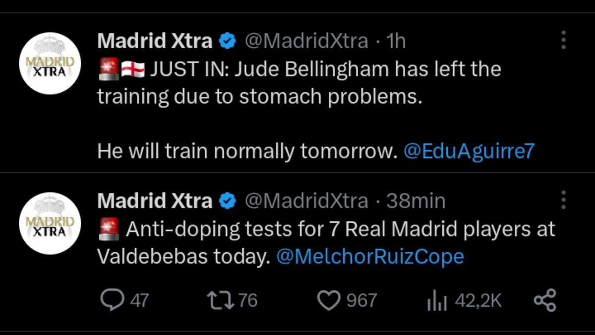 🫢 Bellingham no entrenó por problemas estomacales y minutos después el Madrid tuvo prueba de antidoping
