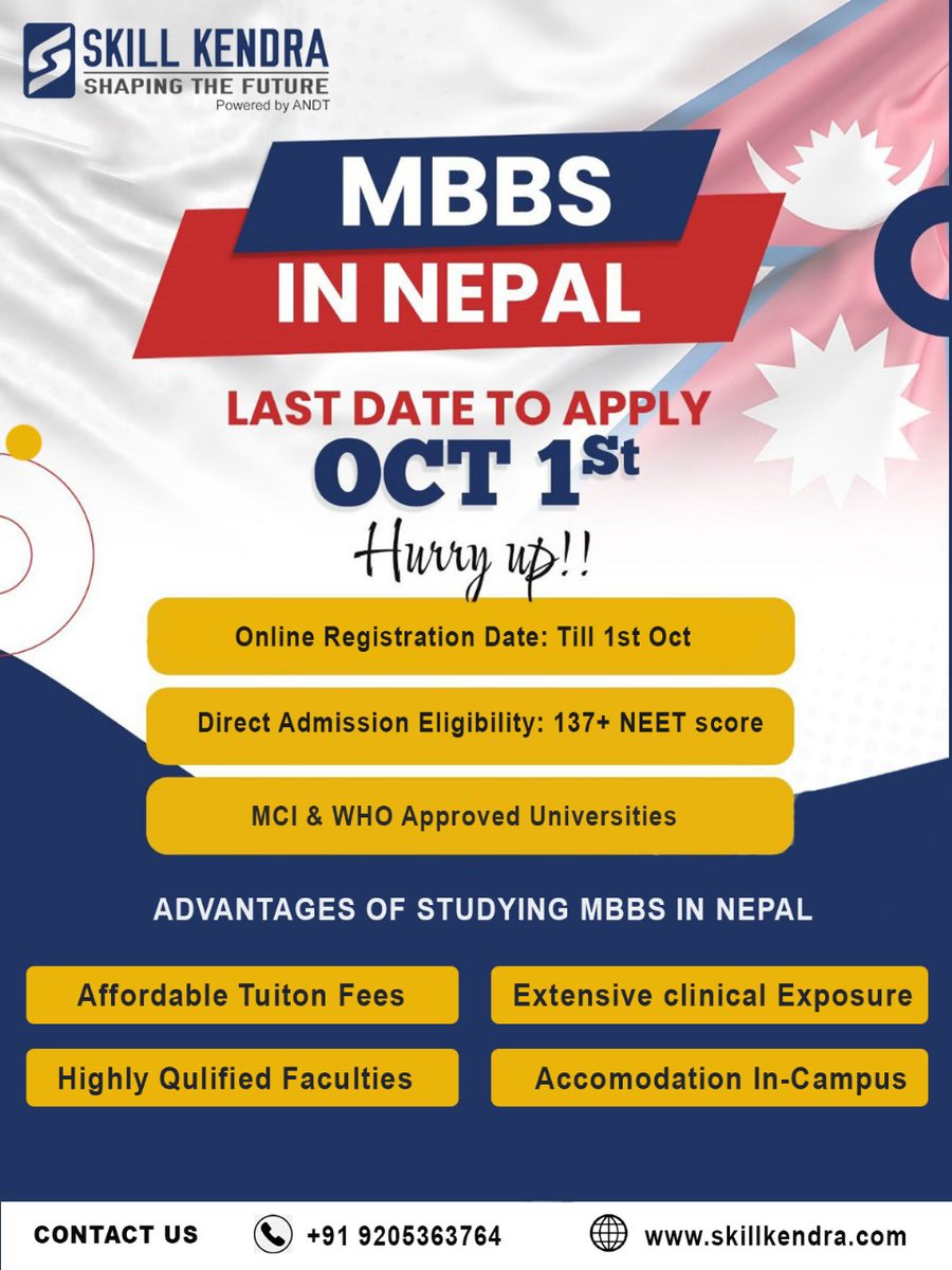 SkillKendra's tweet photo. 👩‍⚕️MBBS in Nepal! Last chance to apply: Oct 1st📅

🌟 Advantages:
✅Affordable Tuition
✅Expert Faculty
✅Clinical Exposure
✅On-Campus Housing

📞 Contact Skillkendra: +91 9205363764
🌐 https://t.co/0hVv5eHSel
Start your medical journey today! 🚀 #MBBSinNepal #skillkendra https://t.co/zms7d3T1WI