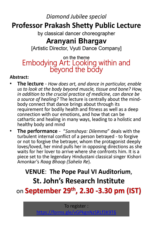 #ProfShettyLecture will be delivered by Ms Aranyani Bhargav #FounderDirector <a href="/VyutiC/">Vyuti Dance Company</a>, Masters Oxford University, on Sept 29, 2.30-3.30 pm #PopePaulAudi
We celebrate #LifeMemory of Prof Prakash Shetty with a #Bharatnatyam #LectureDemo
Theme: Embodying Art: Looking within &amp; beyond