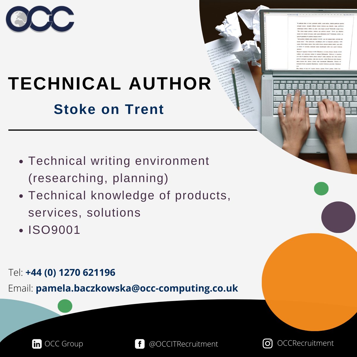 OCCRecruitment's tweet photo. Pam is looking for a Technical Author to work for a great client in Stoke on Trent.
Get in touch for more information about this role!

📞01270 621196
📨 pamela.baczkowska@occ-computing.co.uk https://t.co/DLZreJr79P