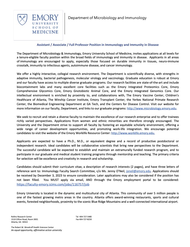 #HiringNow - Emory Microbiology & Immunology (#Atlanta, GA) has an opening for Assistant/Associate/Full Professor Position in Immunology and Immunity in Disease. #sciencejobs #careertalk @MicrobeTweets Apply - faculty-emory.icims.com/jobs/116757/job