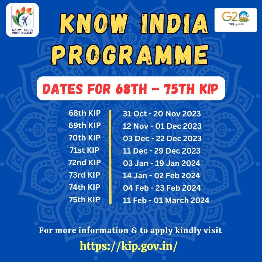 The SCHEDULE for the 68th - 75th #KnowIndiaProgramme is here!!!! The 68th #kip registrations are live. Apply here➡️➡️ kip.gov.in @MEAIndia @DiasporaDiv_MEA #MinistryOfExternalAffairs #kip #KnowIndiaProgramme