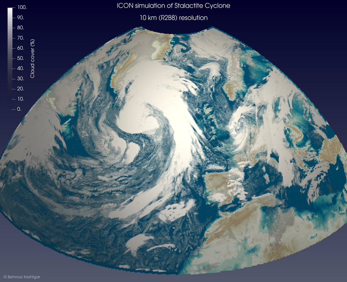 BehroozKg's tweet photo. A fun part of doing high-resolution simulations is when you get some time to do some interesting visualization. I have been using #paraview from time to time and I really enjoy playing with it. This is the Stalactite cyclone, a very intense cyclone that occurred in October 2016. https://t.co/Dftw8YA0Nv