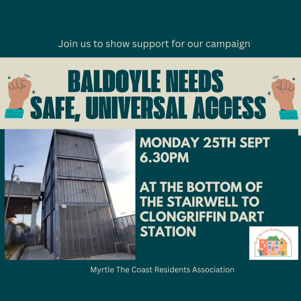 MyrtleTheCoast's tweet photo. Please join us this Mon 25th at 6.30pm at the bottom of the stairwell for a short, peaceful demonstration to show the demand for immediate action for safe, universal access to Clongriffin Dart Station #BaldoyleNeedsSafeUniversalAccess RT 1/2 https://t.co/wQQrOGksF6