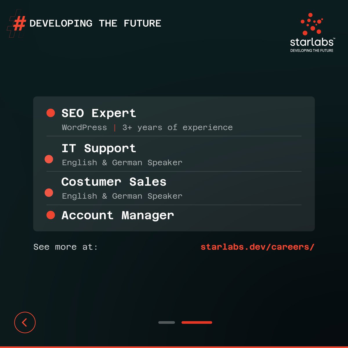 StarLabsDev's tweet image. Join our teams at StarLabs! We're on the lookout for talented individuals to fill these exciting positions.

Ready to take your career to the next level? Apply now and become a part of our dynamic team!

🔗 starlabs.dev/careers/

#StarLabs #DevelopingTheFuture #StarLabsCareers