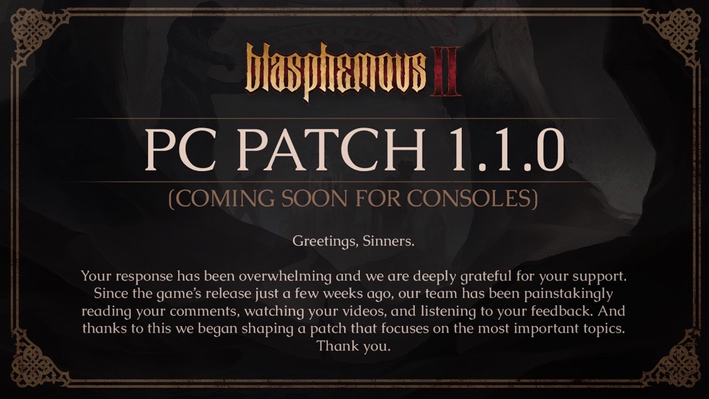 Team17's tweet photo. Attention @BlasphemousGame II players! 

In case you missed it, the first PC patch landed yesterday, addressing things like boss balance, item balance, weapon fixes and more!

Check out the full patch notes here 🔗 https://t.co/cCdZ1hQIEy https://t.co/xJ6uHMcvAO