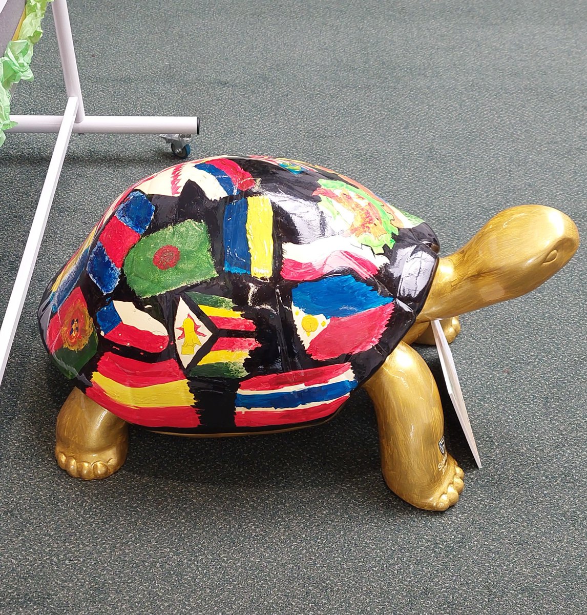 Welcome home Tiago! He's made it back from <a href="/DurrellWildlife/">Durrell Wildlife Conservation Trust</a> and is looking very comfortable in the foyer. Thanks again to <a href="/StandardBankArt/">Standard Bank Arts</a> Jersey for sponsoring him. #communityart #tortoisetakeover #creativityinschool #artclub