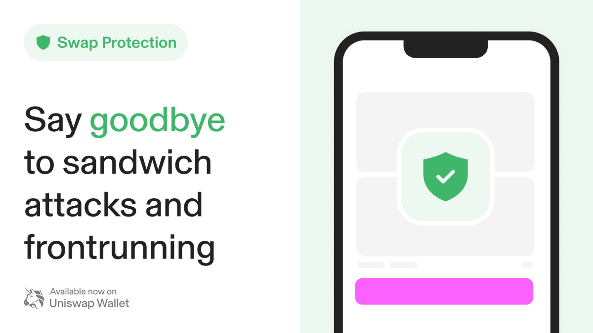 Introducing Uniswap Wallet 🤝 Swap Protection 🚨 🛡️ Protection against  frontrunning & sandwich attacks 👀 A better fee-on-transfer token  experience 🦄 Safer swaps every day on Uniswap