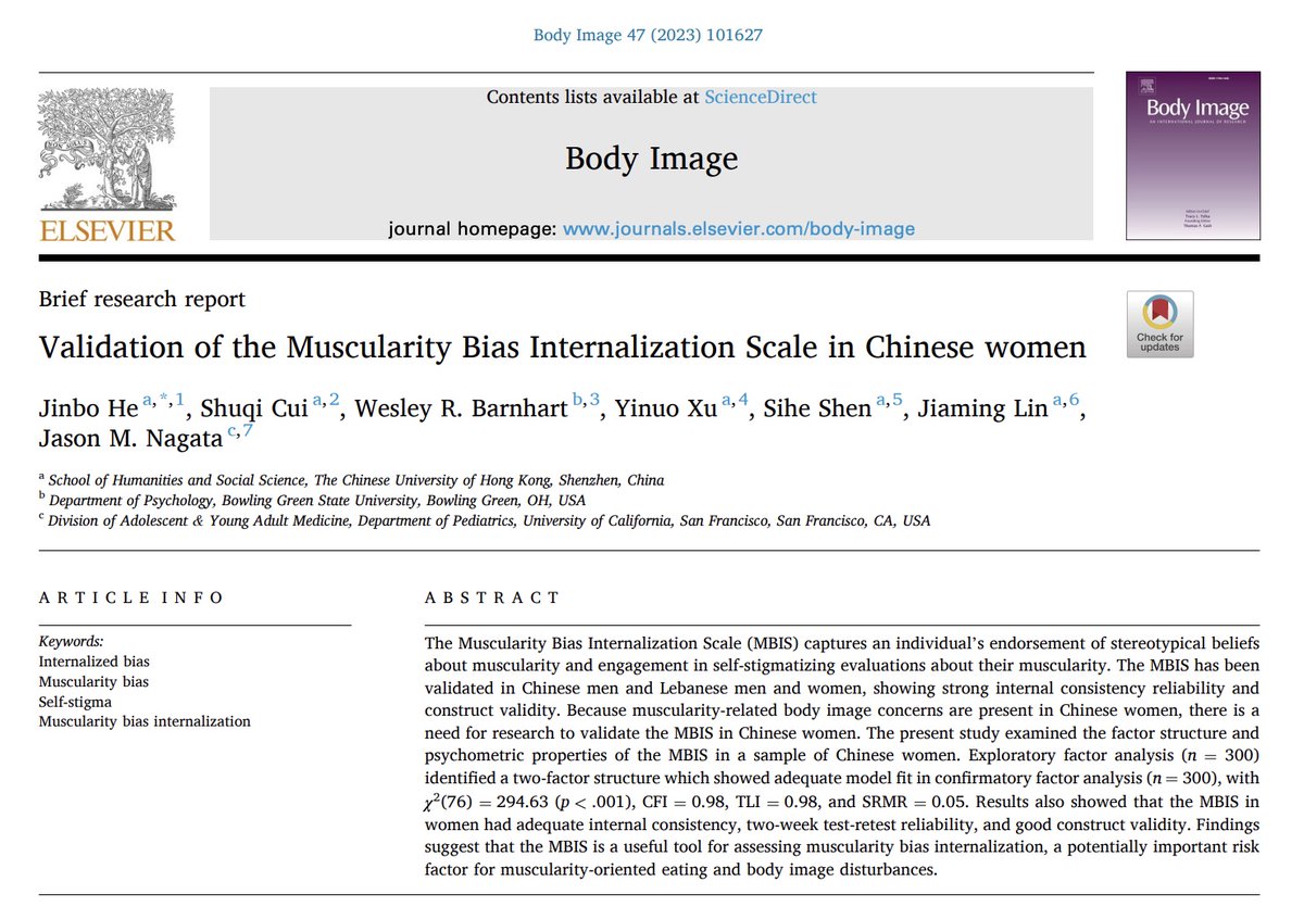 📢Just published! The Muscularity Bias Internalization Scale has been validated in Chinese women now.😊😊😊<a href="/WesleyRBarnhar1/">Wes Barnhart (they/he)</a> <a href="/jasonmnagata/">Jason Nagata, MD</a> <a href="/ShuqiCui/">Shuqi CUI, Emily</a> <a href="/TianxiangCui/">Cui Tianxiang | 崔天祥</a> <a href="/JianwenSonggggg/">Jianwen Song 宋牮闻</a> 

sciencedirect.com/science/articl…