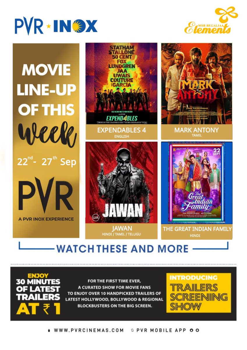 ElementsMall's tweet photo. Excitement is on the horizon with these thrilling releases lined up for you! 🌟
Book your tickets now Elements Mall PVR CINEMAS !!! 
.
.
.
#Cinema #moviestime #ElementsMall #Nagavara #bangalore https://t.co/mJm44yC3OY