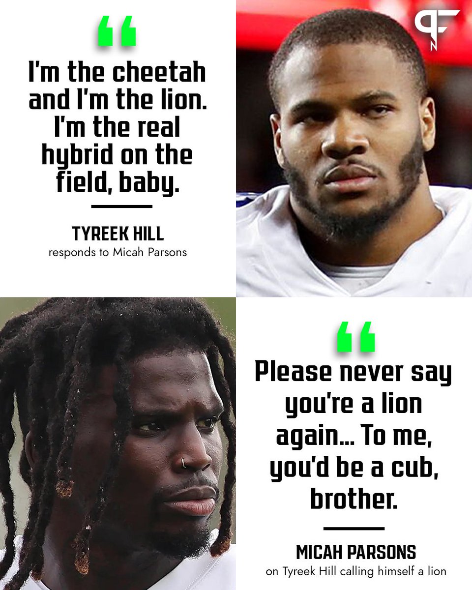 PFN365's tweet photo. The trash talk between #Dolphins WR Tyreek Hill and #Cowboys LB Micah Parsons continues 👀 

Parsons: "To me, you're a cub."

Hill: “I'm the cheetah and the lion."

🐆 vs. 🦁 on Christmas Eve 🍿

More on #PFN365: https://t.co/dMCNYs38Pj https://t.co/O6S2QWflIJ