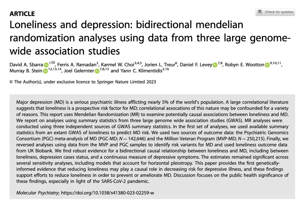 What does Mendelian randomization say about the relationship between loneliness & depression? Study out in @MolPsychiatry from @dsbarra @YKlimentidis @RobynWootton @MurrayBStein & team 🙋‍♀️ nature.com/articles/s4138…