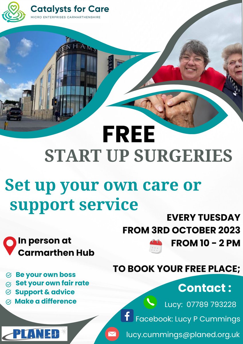 LucyCPLANED's tweet photo. START UP SURGERIES - Come and see me in person for FREE information and guidance on starting your own service.  I will be at Carmarthenshire Hub (old Debenhams building) every Tuesday from 10-2 pm starting from 3rd October.  Book a free place see the contact details below; https://t.co/GvldYov9je