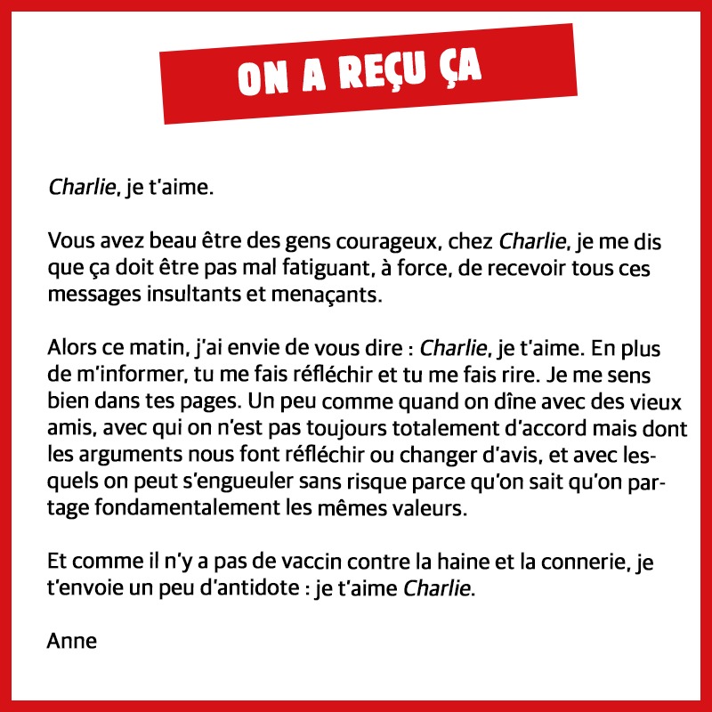 Charlie_Hebdo_'s tweet photo. Nous aussi on t'❤️ Anne #onareçuça https://t.co/uEGHXsmOVB