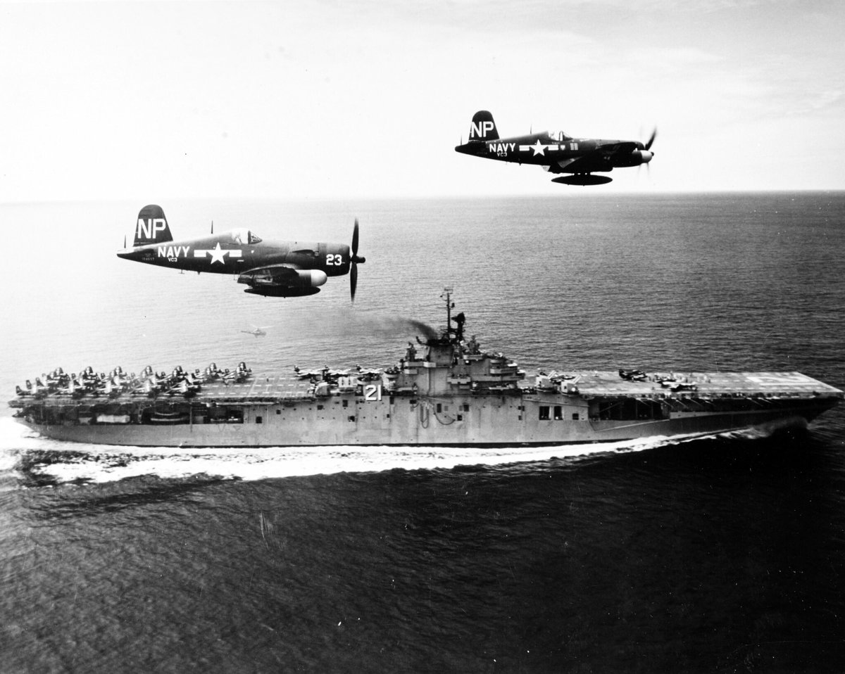A look back to September 1951 with USS Boxer CV-21 and two F4U-5N's of VC-3 flying past the carrier, during combat operations off Korea. The planes are Bureau #s 124537 (left) and 124539. #ussboxer #cv21 #f4u #f4corsair #navalsafari #aviationsafari #boneyardsafari