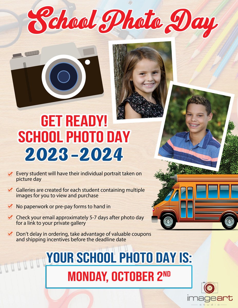 We have a new school photographer this year! No paperwork or payment to submit ahead of time! Proofs will be emailed directly to parents from the company for you to choose backgrounds and make selections. 📸