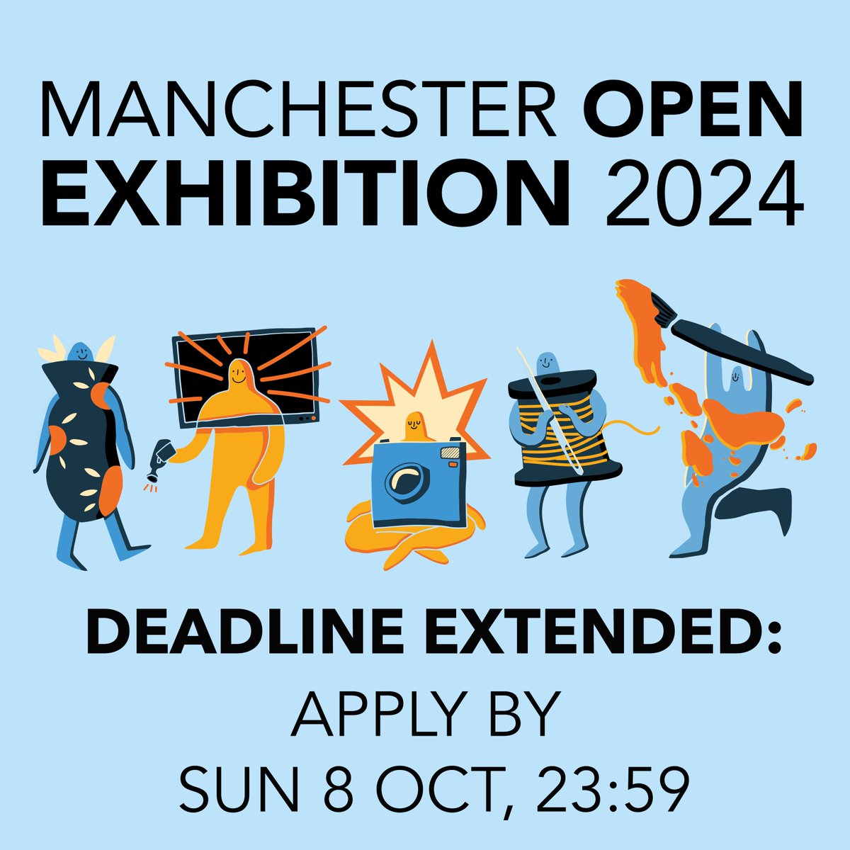 DEADLINE EXTENDED: Please note that the new submission deadline for the Manchester Open 2024 exhibition is now💥Sun 8 Oct, 23:59💥. Apply here: homemcr.org/exhibition/man… #ManchesterOpen2024 #opencall