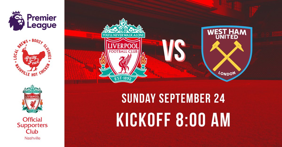 After a win in Europa, the Reds next take on West Ham at Anfield! Come join us @partyfowlnash and cheer on our Reds! #olsc #LiverpoolFC #olscNashville #LIVWHU