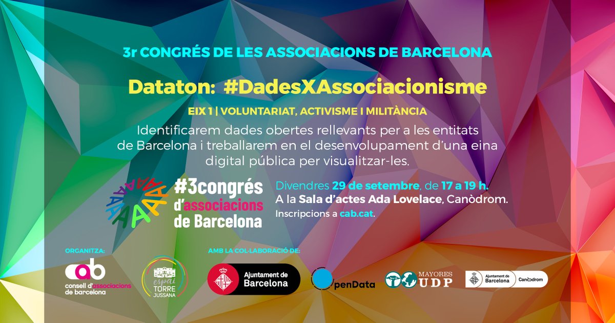 associacionsbcn's tweet photo. 💡Es busquen #daters per la #Dataton #DadesXAssociacionisme amb
@iopendatabcn i @MayoresUDP
👉Fem efectiu accés a #DadesObertes per associacions:
📅divendres 29 setembre
📌18h al @CanodromBCN
Informació i inscripcions 👇👇🔗https://t.co/krCj1KEf2q
#3rCongresAssociacionsBCN https://t.co/Z1Vgxla7uG